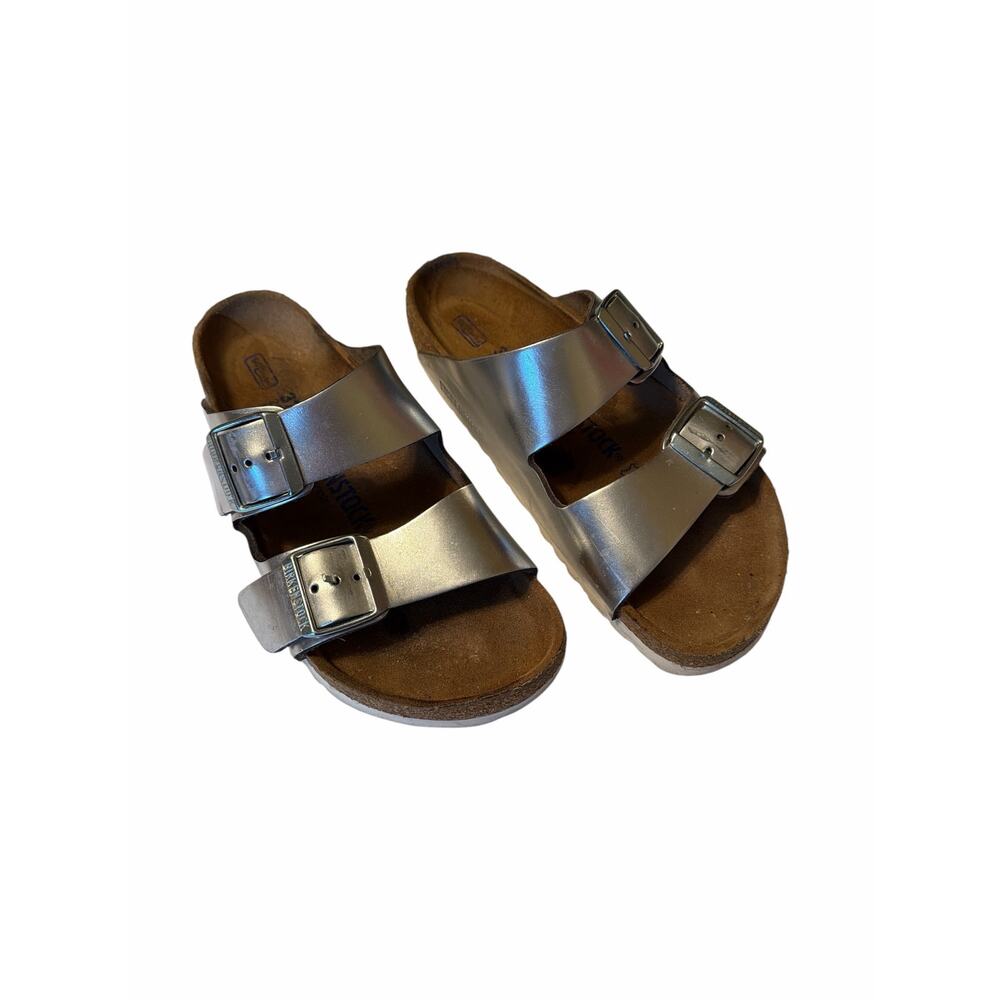 Birkenstock Women’s Size 37 / 6 Arizona Birko-Flor Metallic Silver Sandal - Picture 2 of 6